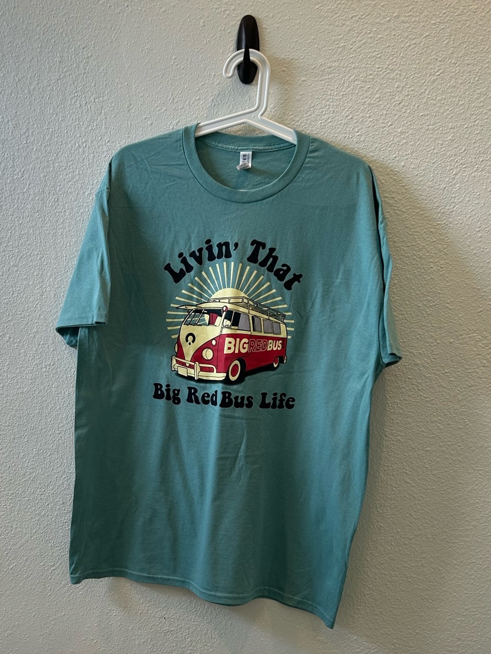 Jerzees Teal Graphic Tee with Red Bus Print